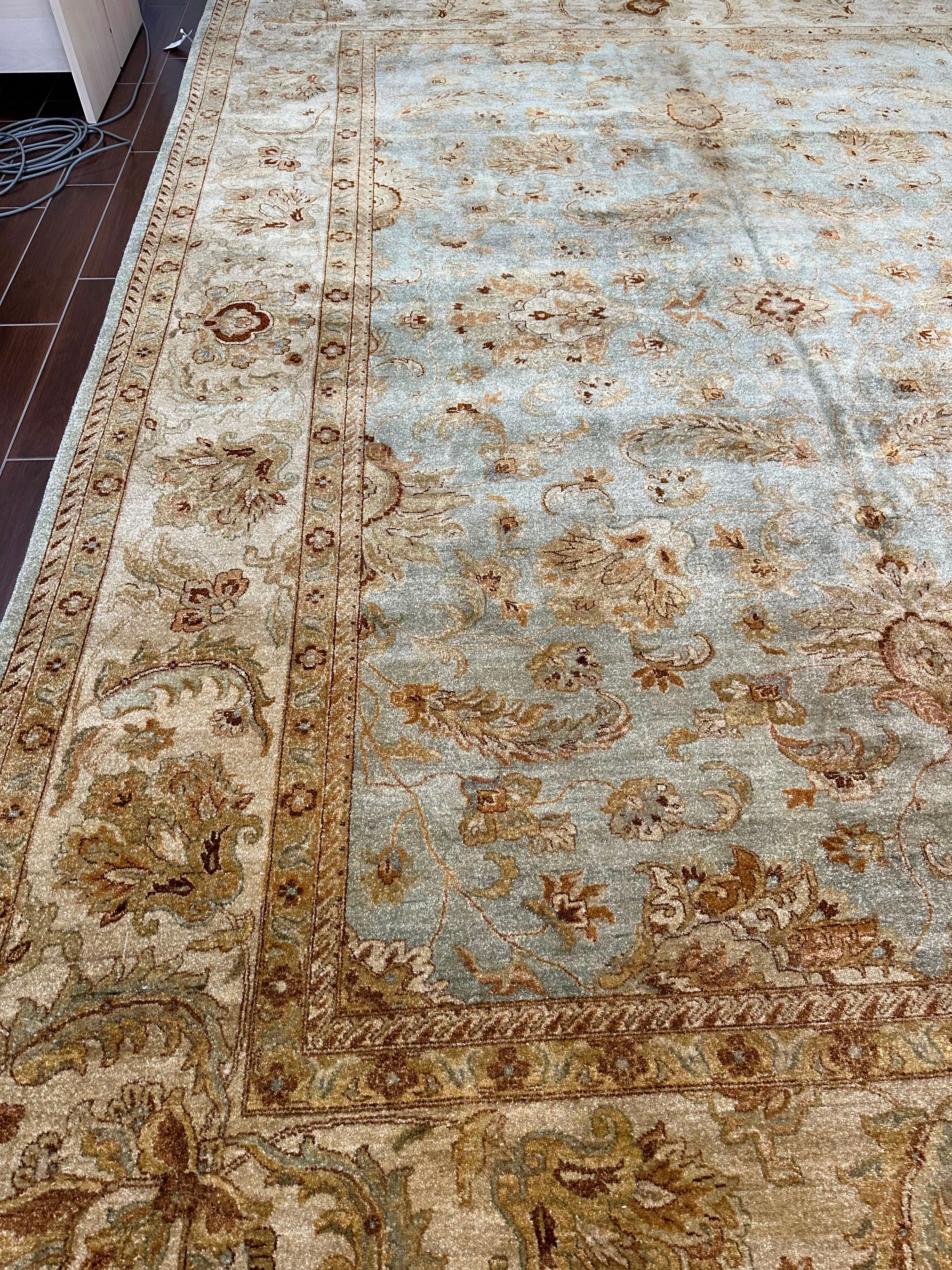Traditional Oushak Rug, Antique Blue & Ivory Floral Oriental Carpet
