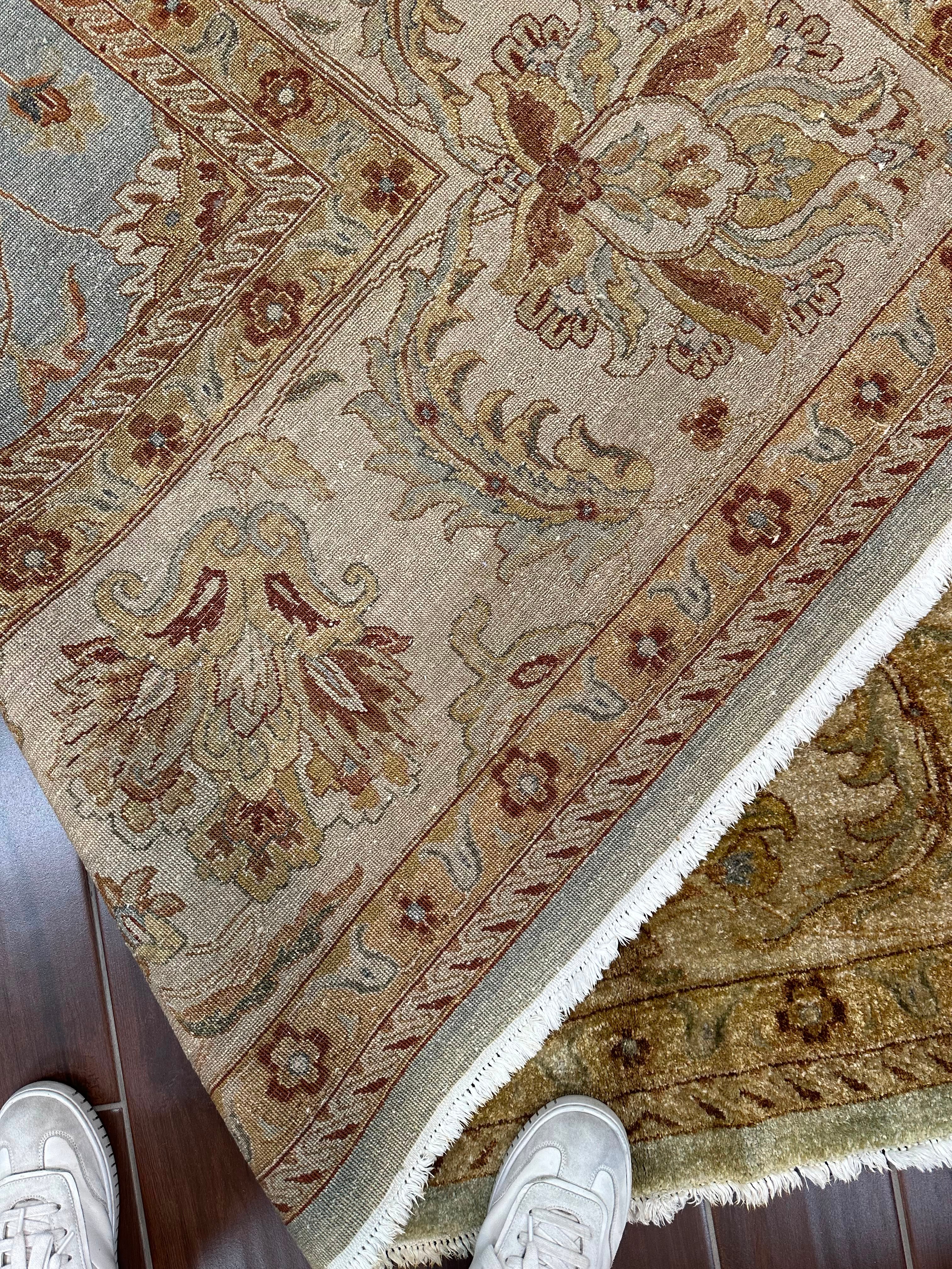 Traditional Oushak Rug, Antique Blue & Ivory Floral Oriental Carpet